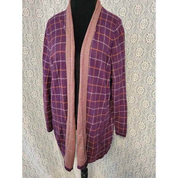 Lands' End Sweaters - Lands' End Plus Size 2X 20W 22W Purple Burgundy Plaid 100% Cotton Open Front